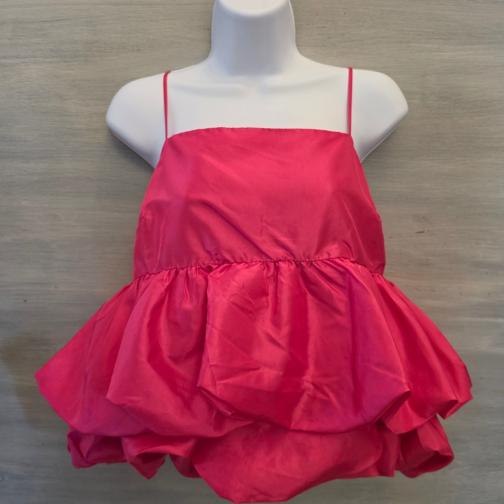 a new day Hot‎ Pink Spaghetti Strap Taffeta Layered Ruffle Peplum Shirt XL GC